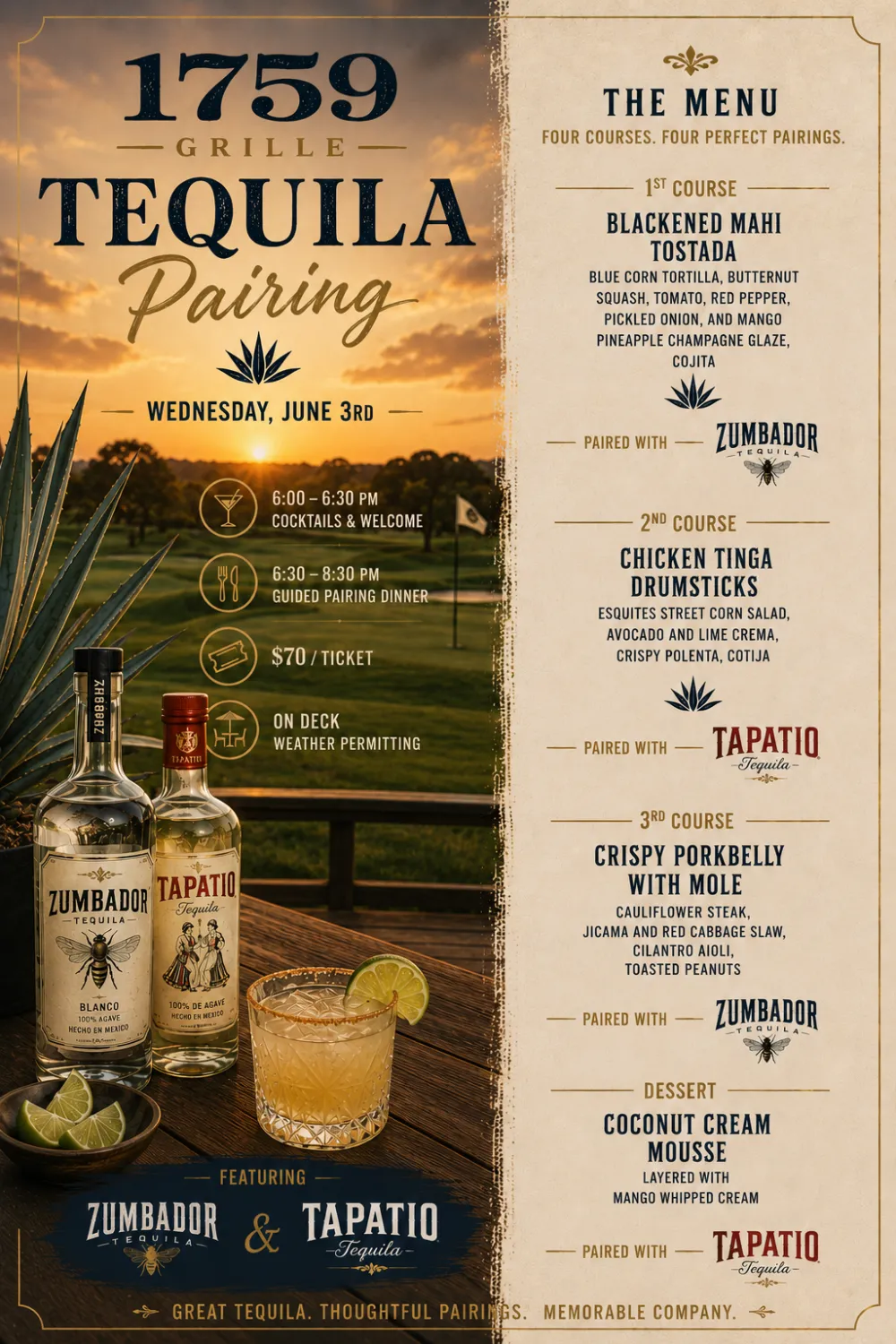 Promotional flyer and menu for the 1759 Grille Tequila Pairing event on Wednesday, June 3rd, featuring Zumbador and Tapatio tequilas. The visual background shows tequila bottles and a salt-rimmed cocktail on a wooden table overlooking a scenic golf course at sunset. Event details list a 6:00 PM Welcome, 6:30 PM Guided Pairing Dinner, tickets for $70, held on the deck weather permitting. The four-course menu includes: a 1st Course of Blackened Mahi Tostada paired with Zumbador Tequila; a 2nd Course of Chicken Tinga Drumsticks paired with Tapatio Tequila; a 3rd Course of Crispy Porkbelly with Mole paired with Zumbador Tequila; and a Dessert of Coconut Cream Mousse paired with Tapatio Tequila.