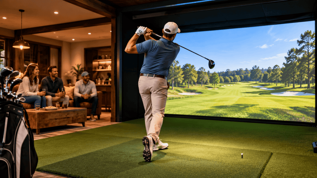 Golfer practicing in an indoor golf simulator while friends relax and watch at Pembroke Pines Country Club.