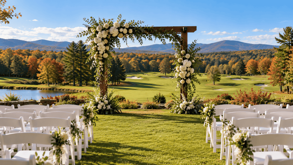 Outdoor wedding ceremony setup with a floral wooden arbor and white chairs overlooking a scenic New Hampshire golf course.