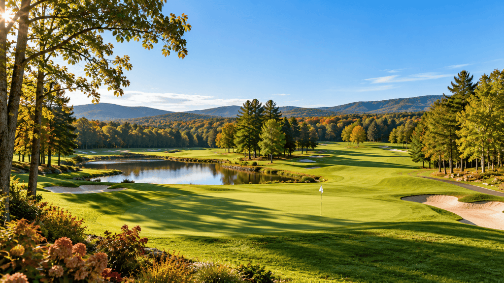Lush green fairways, sand bunkers, and a scenic pond surrounded by New England trees at a golf course in Pembroke, NH.