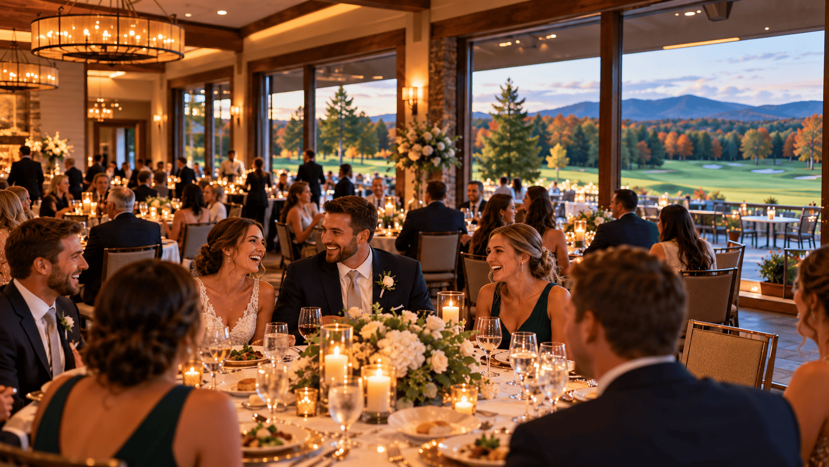Wedding guests laughing and dining at an elegant country club reception with decorated tables and scenic golf course views.