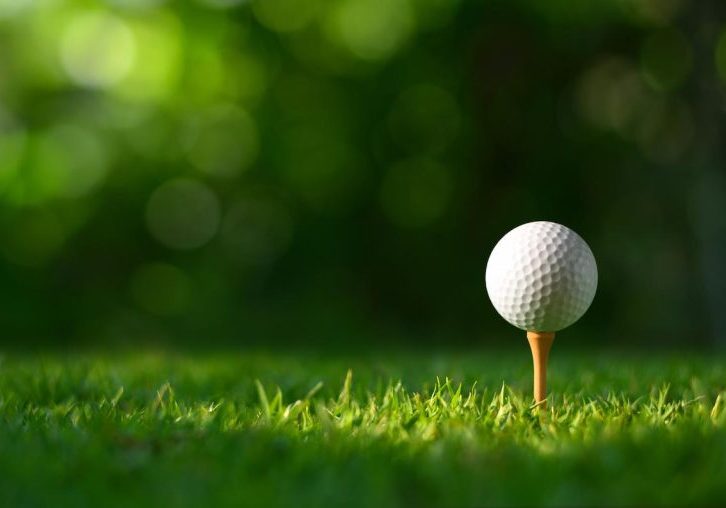 A close-up, low-angle shot of a white golf ball resting on a wooden tee in the rough of a golf course. The ball is clearly visible against the bright green grass in the foreground. The background is a deeply blurred bokeh of dark green foliage and sunlight filtering through the trees, creating a soft, warm atmosphere.