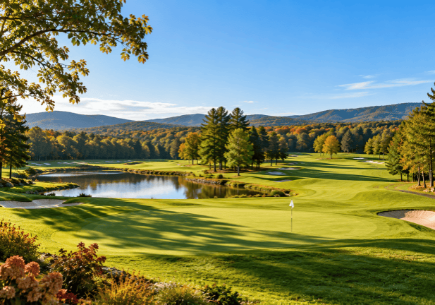 Lush green fairways, sand bunkers, and a scenic pond surrounded by New England trees at a golf course in Pembroke, NH.